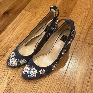 WHBM Blue Bethany Floral Embroidered Chunky Suede Heels
